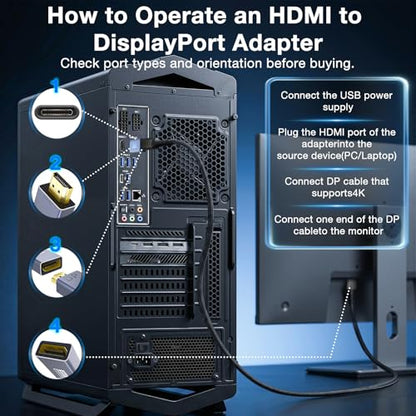 HDMI to DisplayPort Adapter Uni-Directional (4K@60Hz/1080P@120Hz) | HDMI (Source) 2.0 Male to DP (Display) 1.2 Female Converter Compatible with Laptop, AMD, NVIDIA, PS5, Xbox and More - 1 Pack - color: Light blue