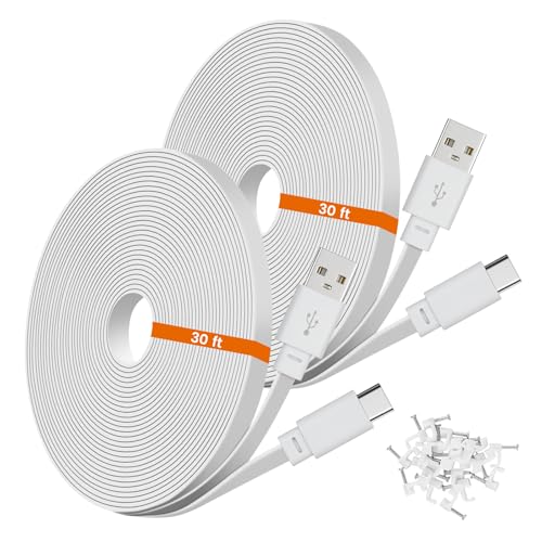 2-Pack 30ft USB C Power Extension Cable Compatible with Ring Pan-Tilt Indoor Cam 2024 Release & WYZE Duo Cam Pan, Pan V4 2025 Security Camera - 9m Type-C Long Flat Charging Cord for CCTV Cam, White - color: White