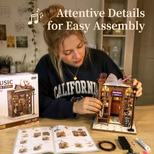 Book Nook Kit DIY Miniature House with LED Lights & Music Box, 3D Wooden Puzzle Bookshelf Insert for Adults, Double Door Mini Dollhouse Building Kit, Creative Home Decor Gift for Women & Men - style: Sheet Music Shop