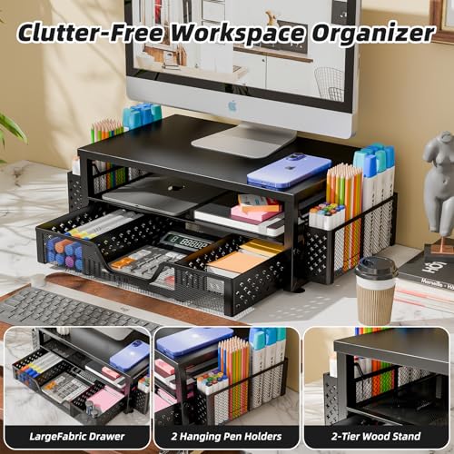 Simple Trending 2-Tier Monitor Stand Riser, Drawer & 2 Pen Holders, Black | Sturdy Material - size: 16"W x 10"D x 5.8"H