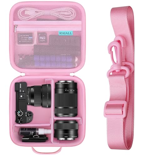 RAIALL Camera Case for Sony Alpha a6000/a6400/a6700/ Sony Alpha 7 II III IV/7R V/ZV-E10 Mirrorless Digital Camera and Lens, Vlogging Camera Hard Travel Bag with a Shoulder Strap and 3 Dividers, Pink - color: Pink