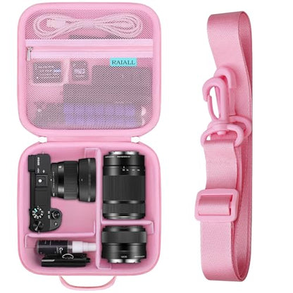 RAIALL Camera Case for Sony Alpha a6000/a6400/a6700/ Sony Alpha 7 II III IV/7R V/ZV-E10 Mirrorless Digital Camera and Lens, Vlogging Camera Hard Travel Bag with a Shoulder Strap and 3 Dividers, Pink - color: Pink