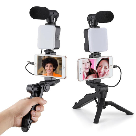 Smartphone Vlog Creator Kit: Mini LED Light with Adjustable Brightness, Cardioid Microphone, Extendable Phone Clip & Tripod for Live Streaming, Video Shooting & Conferences