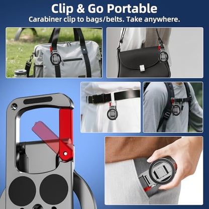 Magnetic Phone Mount for MagSafe, Maglock Tripod Adapter Magnet Golf Gym Workout Stand Metal Carabiner Dual Holder with 1/4 Screw Hole, for iPhone 17 16 15 14 13 Series Foldable Portable Accessories