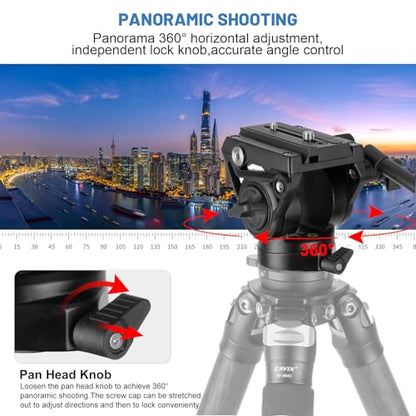 CAVIX Professional Fluid Drag Video Head, Smooth Pan & Tilt Control with Adjustable Drag, 3/8" & 1/4" Quick Release Plate, Max Load 13.2 lb/6 kg for DSLR, Mirrorless & Camcorder On Tripod/Monopod