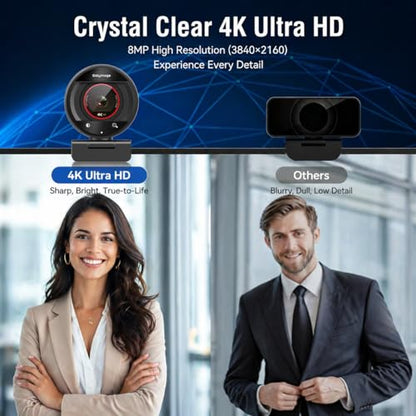4K Webcam with Microphone for PC Laptop 1080P@60fps Web Cam with Privacy Cover for Streaming with PDAF 8X Digital Zoom for Desktop Camera for Mac Windows USB Web Cam for Teams/Twitch/Zoom/Meeting - size: 4K webcam