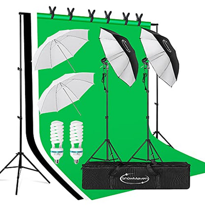 ShowMaven Photography Lighting, 6.5ft x 10ft Backdrop Stand and Umbrellas Continuous Lighting Kit for Photo Studio Product, Portrait and Video Shoot Photography
