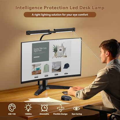 Pzloz Led Desk Lamps for Home Office - Eye Caring Architect Lamp with Clamp, Double Head Computer Monitor Work Desk Light with Remote Control: 24W Flexible Dimmable Desktop Table Lamp - color: Black Plus