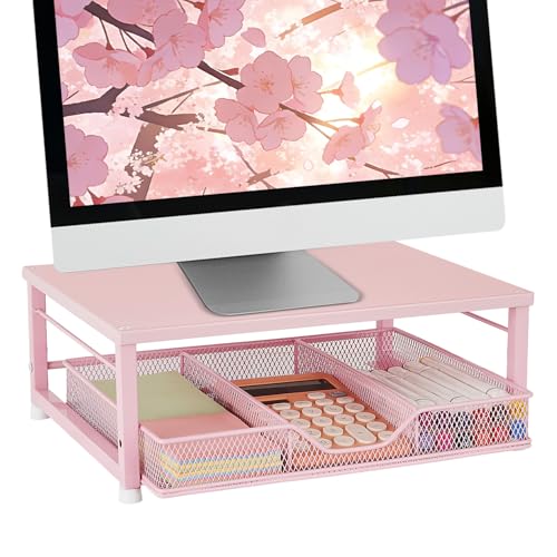 Small Pink Laptop Stand for Desk, Monitor Stand, Office Desk Accessories, Computer Desktop Stand with Drawer for Home, Office, School (Pink) - color: Pink-Small
