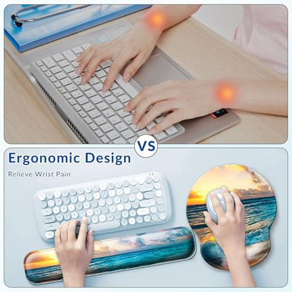 Desk Mat Set + Keyboard and Mouse Pad with Wrist Rest Support,4-in-1 Large Mousepad Computer Mats for Desktop Home & Office-Sunset Sea - color: J-Sunset Sea