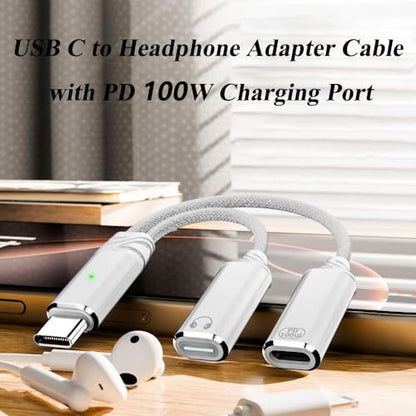 2-in-1 USB C to C Cable, PD 100W Charging & Audio Headphone Adapter with Microphone, Support USB 2.0(480Mbps) Data Transmission, Compatible with Phone, Laptop, Desktop and More