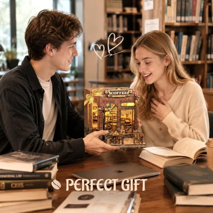 Book Nook Kit DIY Miniature House with LED Lights, 3D Wooden Puzzle Coffee Shop Bookshelf Insert for Adults, Double Door Mini Dollhouse Building Kit, Creative Home Decor Gift for Women & Men - style: Coffee Shop