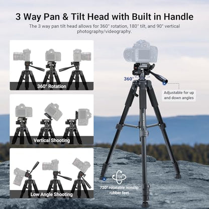 NEEWER Basics Camera Tripod, 74" Tripod with Cell Phone Holder Mount Compatible with iPhone for Video Recording, Professional Aluminum Lightweight Portable Travel Stand with 3 Way Pan Tilt Head, TP56 - style: TP56