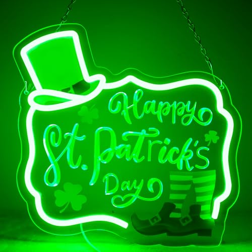 Happy St. Patrick's Day Art Neon Signs Shamrock LED Neon Lights Dimmable Wall Decor for Kids, Room, Office, St Patrick's Day Party Gift Art for Boys Girls-12.83 x 12.2 IN-USB Powered-Acrylic - color: Green:ST
