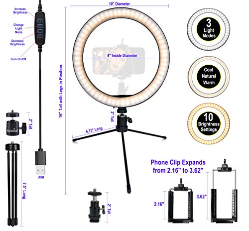 DaVoice 10" 3 Light Modes Desktop Ring Light for Zoom Meetings, with Stand, Phone Holder, USB Powered