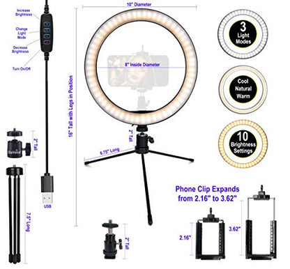 DaVoice 10" 3 Light Modes Desktop Ring Light for Zoom Meetings, with Stand, Phone Holder, USB Powered