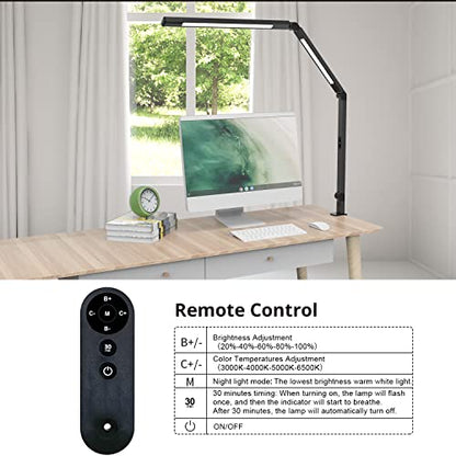 LED Desk Lamp with Clamp, Architect Desk Lamp for Home Office with Remote Control, Swing Arm Clamp on Computer Light, Clip-on Eye-Care Adjustable 5 Brightness Levels Table Light for Working Drafting - color: Black+Remote