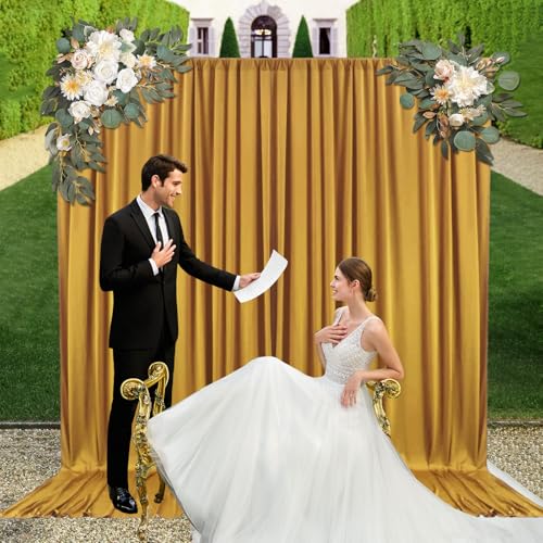 10ft x 7ft Gold Backdrop Curtains for Parties, Fabric Satin Background Curtain with Rod Pockets for Weddings, Birthday, Baby Shower, Photography, Graduation Party Backdrop Drapes, 2 Panels - color: Gold