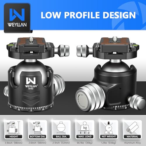 Low Profile Ball Head 52mm Tripod Head WEYLLAN DH52 Camera Head Mount, CNC Heavy Duty Ball Head with Two 1/4" Quick Release Plates, Panoramic Ballhead for Tripod, Monopod, DSLR, Max Load 66lbs /30kg - size: 52mm