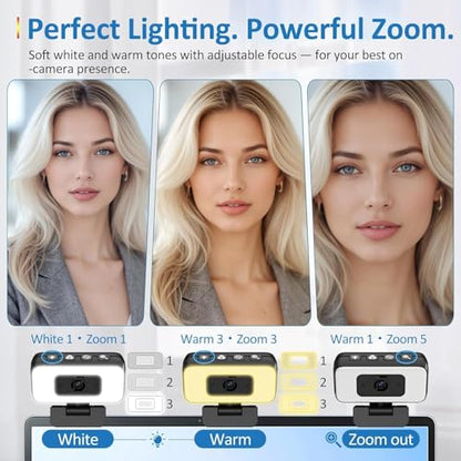 Webcam with Light, 2K HD Web Camera for Desktop Computer PC | Fixed Focus, 80° FOV, USB Plug and Play Web Cam for Video Calls, Online Meetings (4 Buttons-Adjust Brightness/Flip/Zoom)