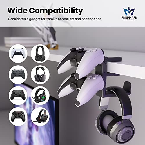 3-in-1 PC Gaming Headset&Controller Holder - EURPMASK Headphone Stand w/Adjustable Clamp&2 Controller Holder&Rotating Arm&Cable Organizer, Universal PC Gaming Accessory Controller Headset Stand-Black - color: Black