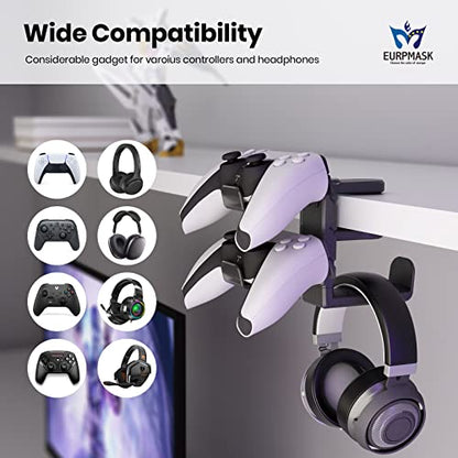 3-in-1 PC Gaming Headset&Controller Holder - EURPMASK Headphone Stand w/Adjustable Clamp&2 Controller Holder&Rotating Arm&Cable Organizer, Universal PC Gaming Accessory Controller Headset Stand-Black - color: Black