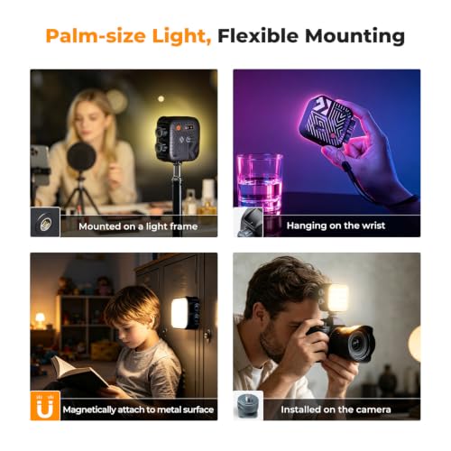 K&F CONCEPT 2000mAh RGB Video Light 21 Light Effects, 2500K-9900K, CRI 96+ | 360° Full Color Portable Light, Magnetic Rechargeable LED Panel Camera Light with 1/4" Screw Mount for Vlogging Selfie, Black - color: Black
