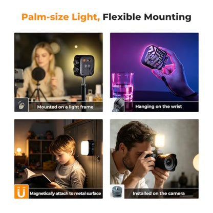 K&F CONCEPT 2000mAh RGB Video Light 21 Light Effects, 2500K-9900K, CRI 96+ | 360° Full Color Portable Light, Magnetic Rechargeable LED Panel Camera Light with 1/4" Screw Mount for Vlogging Selfie, Black - color: Black