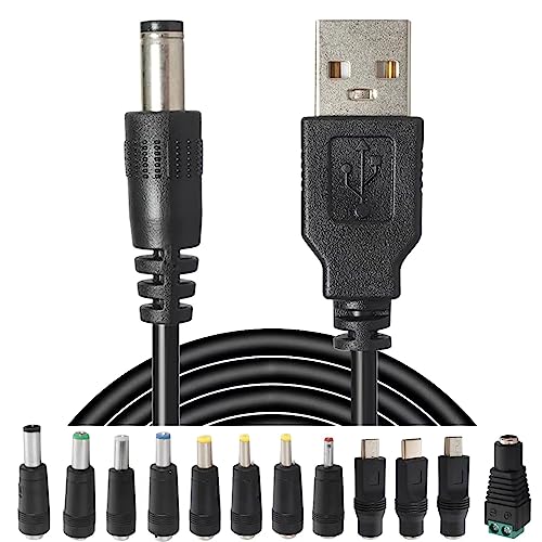 USB to DC Power Charging Cable with 12pcs DC Barrel Jack Universal Power Adapter Tips USB 2.0 to DC 5.5x2.1mm Plug Micro USB Type-C Connector Compatible Flashlight Camera & More - size: USB to DC 5V