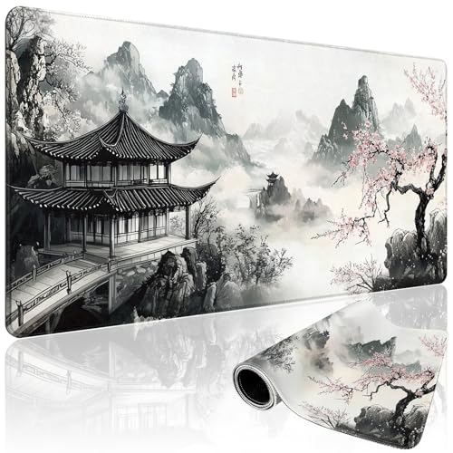 Japanese Black and White Cherry Blossoms Large Gaming Mouse Pad 31.5"x15.7"｜XXL Desk Mat, Non-Slip Rubber Base & Stitched Edges - Extended Mousepad for PC/Laptop/Office/Home Decor - color: Black and White