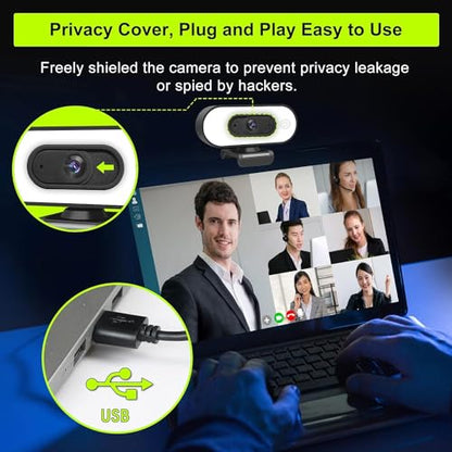 Webcam with Ring Light Microphone - Streaming Web Camera, 1080P Full HD Pro Camera for PC Mac Laptop Desktop, USB Computer Webcam with Privacy Cover and Tripod for Zoom Meeting Skype Teams Twitch - style: Webcam with Light & Cover & Tripod
