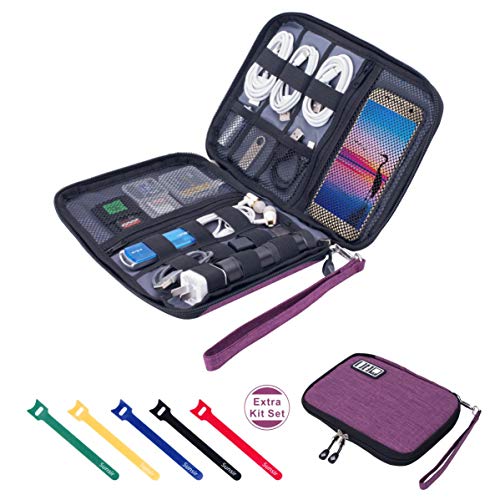 Travel Cable Organizer Bag Waterproof Portable Electronic Accessories Organizer for USB Cable Cord Phone Charger Headset Wire SD Card with 5pcs Cable Ties(Purple) - color: Violet