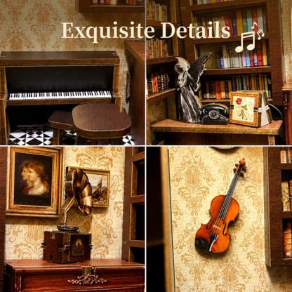 Book Nook Kit DIY Miniature House with LED Lights & Music Box, 3D Wooden Puzzle Bookshelf Insert for Adults, Double Door Mini Dollhouse Building Kit, Creative Home Decor Gift for Women & Men - style: Sheet Music Shop