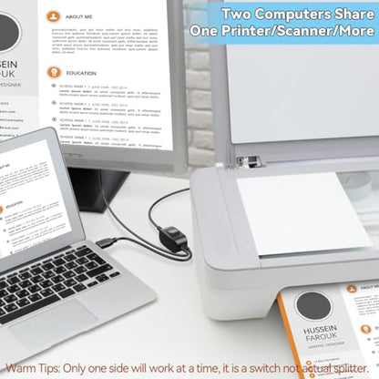 Herfair Printer Splitter for Two Computers USB A Splitter 1 in 2 Out for Share One Printer/Scanner/Fax Machine/USB Peripherals to Two Laptops/PCs/Computers, 5FT+5FT Cables - size: 1