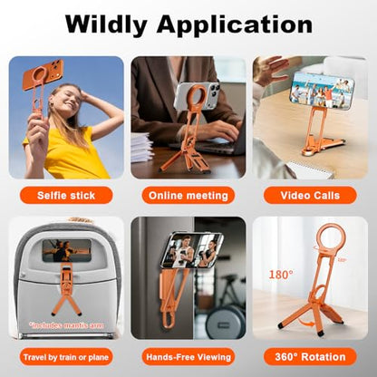 COMAN DP58 Magnetic Phone Tripod, Aluminum MagSafe Tripod Stand with Carabiner, Mini Portable Travel Pocket Stand for iPhone & Non-Magnetic Phones with Included Ring - color: Orange