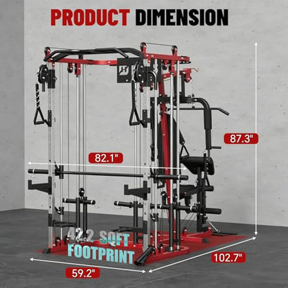All in One Home Gym System Workout Station, Multi-Function Smithe Machine Power Cage with Cable Crossover System, Tripe-Sided Independent Load Posts, Functional Trainer for Full Body Training - color: Red, style: Home Gym Station