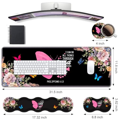 Ergonomic Keyboard Wrist Rest & Mouse Pad Wrist Rest Set, Butterfly Quote Bible Verse Philippians 4-13 Large XXL Gaming Desk Mat 31.5"x 11.8" with Non-Slip Base, Memory Foam for Home Office Study Game - color: Butterfly Quote Bible Verse Philippians 4-13