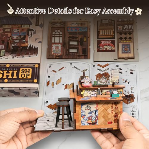 DIY Miniature House Kit, Book Nook Kit Mini Japanese House Bookshelf Decor, Tiny Dollhouse Building Kit for Adults & Teens, Gifts for Family, Friends - style: Sushi Shop