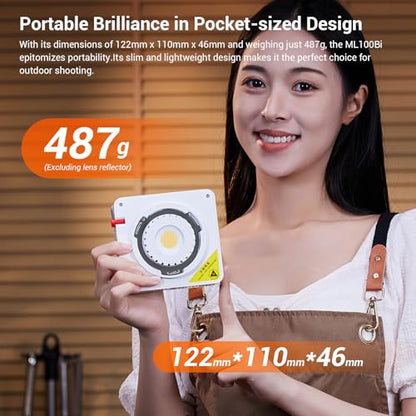 Godox ML100Bi 100W Portable LED Video Light,CRI 97+/TLCI 98+,0%-100% Brightness& Bi-Color COB Continuous Output Lighting 2800-6500K,11 FX Lighting Effects,App Control Mini Photography Light - color: ML100Bi