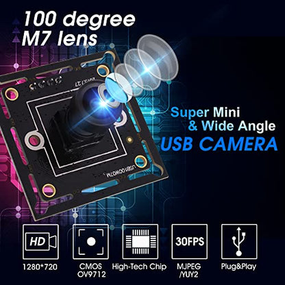 ELP USB Camera Module Super Mini 720p Wide Angle with 100degree M7 Lens Megapixel HD OV9712 Embedded Webcam Board for Computer USB2.0 UVC Video PC Opencv Camera Module,with 3.3ft/1m Cable for Laptop
