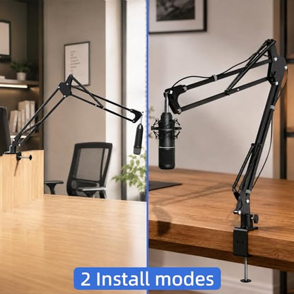 Mic Boom Arm, 1/4 3/8 5/8" Low Profile Microphone Stand, Cable Management | 360° Rotatable, Desk Mount Clamp, Heavy Duty Metal Black, Spring Damping, Streaming, Gaming, Recording, Podcasting, Studio