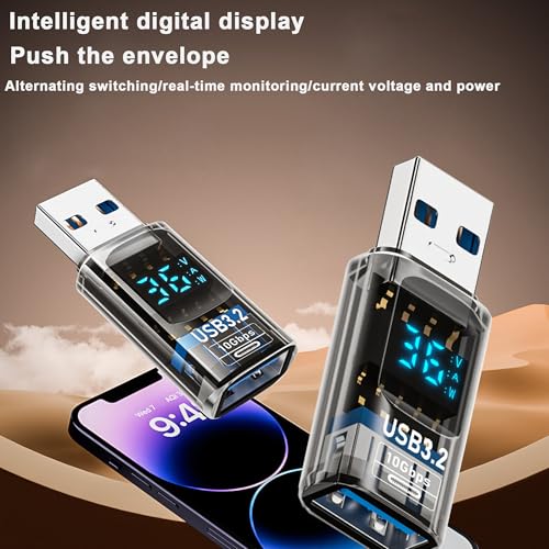 USB to USB3.2 Adapter,10Gbps Converter with LED Voltage Display (2Pack) | 10Gbps high-speed data transfer,LED screen displays real-time voltage/current. Supports fast charging,Plug & Play