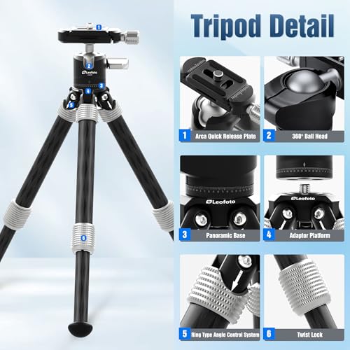 LEOFOTO Carbon Fiber Mini Table Tripod with Ball Head for Camera, Lightweight Desktop Tripod with Base, 1/4" Arca QR Plate for Phone Adaptor/Projector, Max Height 10.43", Max Load 11LB, MT-02C Plus - size: MT-02CL Plus
