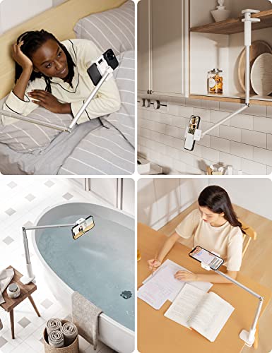 Viozon Phone Holder, Flexible Long Arm,Overhead Mount,360° Angle Adjustable,Aluminum Alloy, C Clamp for Headboard Bedside&Table&Desk,Compatible with 3.5"-6.9" Phone,iPhone 16 15 Plus/Pro Max W - color: White