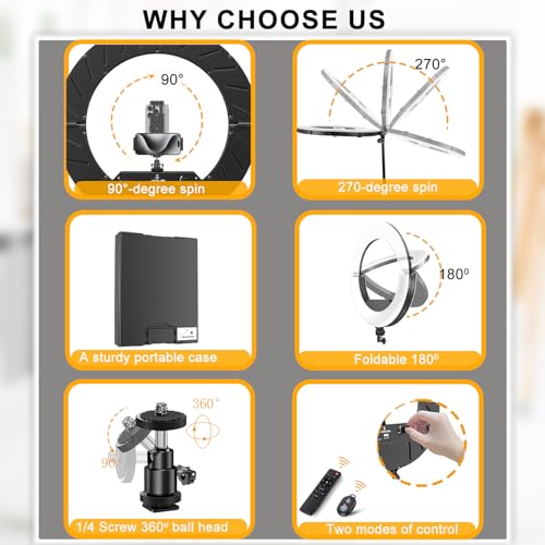 Ring Light 18 INCH Kit,55W6700k Dimmable LED Light, Tripod Stand, Remote Controller,Box for Camera,Smartphone,YouTube,TikTok,Self-Portrait Shooting,CRI95 (Black) - color: Black
