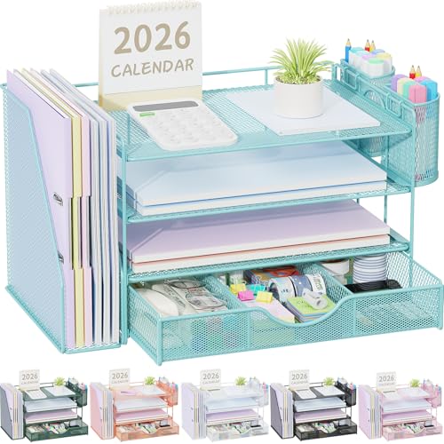 gianotter Desk Organizers and Accessories with File Holder, 4-Tier Desk Accessories & Workspace Organizers with Drawer and 2 Pen Holder, Paper Organizer for Office Supplies (Blue) - color: Blue