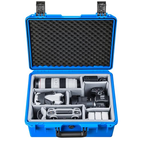 Lykus PVC1 Waterproof Hard Camera Case with Padded Dividers for Cameras, Lenses, Dual DJI Mavic/Air/Mini/Flip drones - color: Blue PVC1
