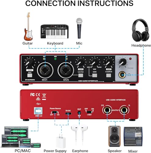 USB Audio Interface for PC Computer Recording Music, Red Guitar Audio Interface for Mac 24Bit/192kHz Podcasting Streaming for Vocalist Producer with 48V Phantom Power