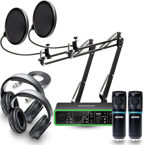 Movo PodKit2AH Podcast Equipment Bundle for 2 Condenser Microphone Kit with MDX-1 2x2 USB-C Audio Interface and Articulating Scissor Arm Mic Stand (with Headphones) - style: With Boom Arms