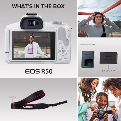 Canon EOS R50 Mirrorless Vlogging Camera (Body Only/White), RF Mount, 24.2 MP, 4K Video, DIGIC X Image Processor, Subject Detection & Tracking, Compact, Smartphone Connection, Content Creator | 24.2MP Aps-C, Digic X, Dual Pixel Af Ii Subject Detection, 4K